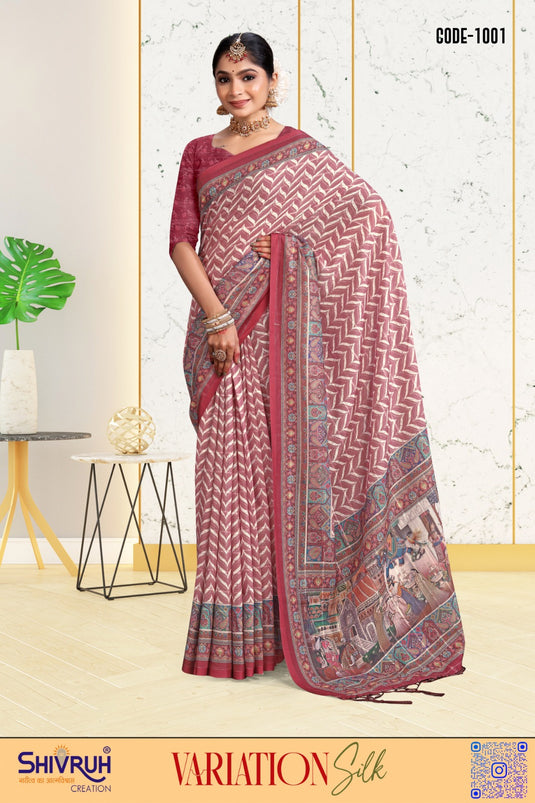 Banarasi saree in magenta with antique gold finish.