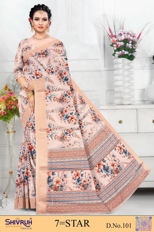 Multicolor Cotton Digital Print Jacquard Border Saree For Women