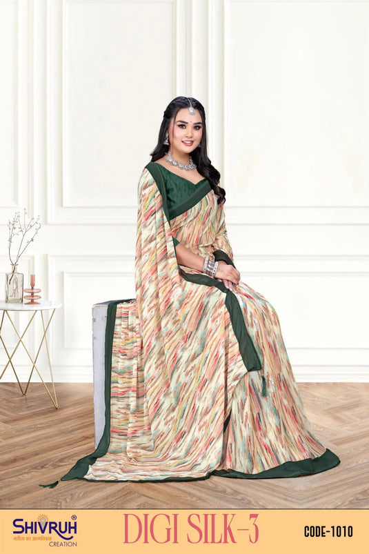 Blooming Multicolor Digital Print Piping Border Weightless (Wetless) Saree For Women