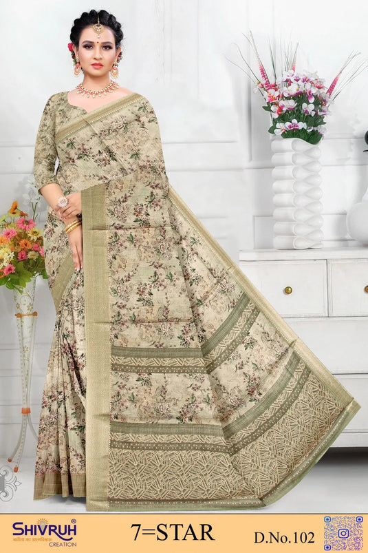 Multicolor Cotton Digital Print Jacquard Border Saree For Women