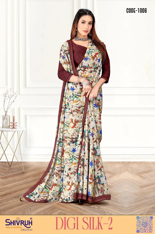 Ravishing Multicolor Digital Print Piping Border Weightless (Wetless) Saree For Women