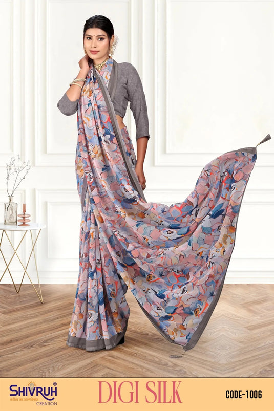 Pleasing Multicolor Digital Print Piping Border Weightless (Wetless) Saree For Women