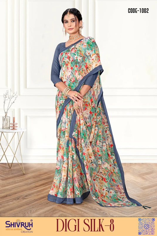 Arresting Multicolor Digital Print Piping Border Weightless (Wetless) Saree For Women