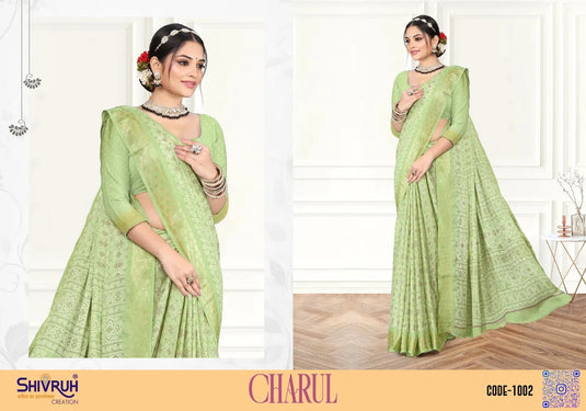 Bandhej Viscose Satin Border Moss Chiffon Saree with Blouse For Women