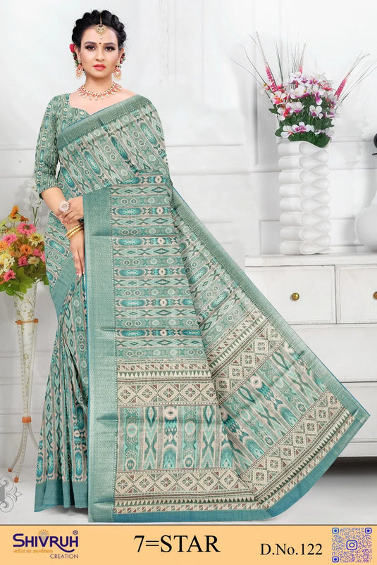 Multicolor Cotton Digital Print Jacquard Border Saree For Women