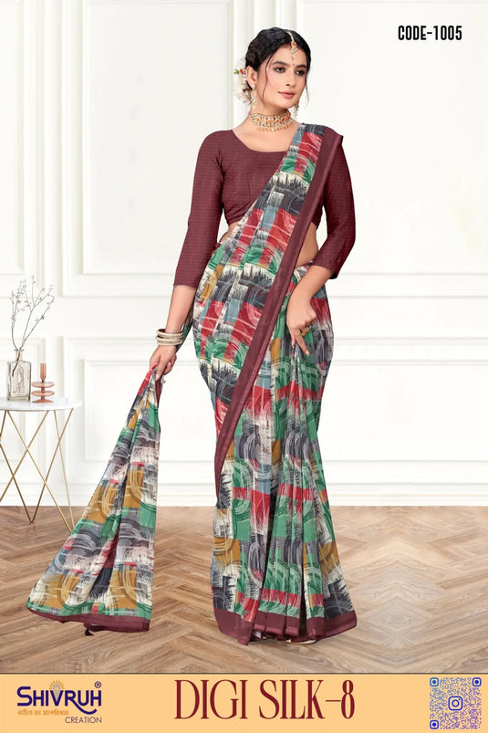 Artistic Multicolor Digital Print Piping Border Weightless (Wetless) Saree For Women