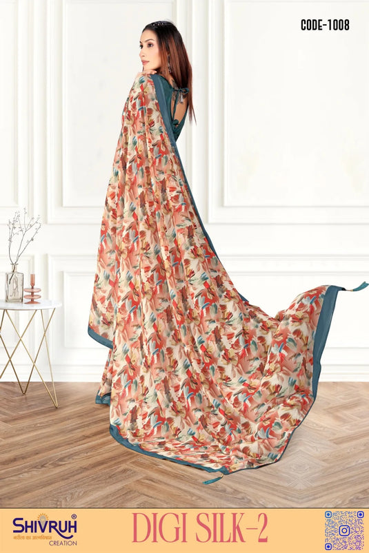 Stunning Multicolor Digital Print Piping Border Weightless (Wetless) Saree For Women