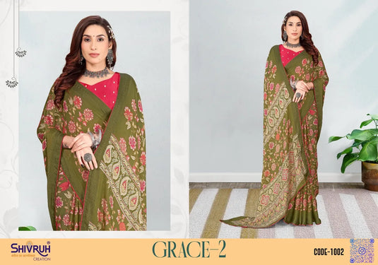 Woven Zari Border Rimzim Crepe Saree with Contrast Blouse For Women