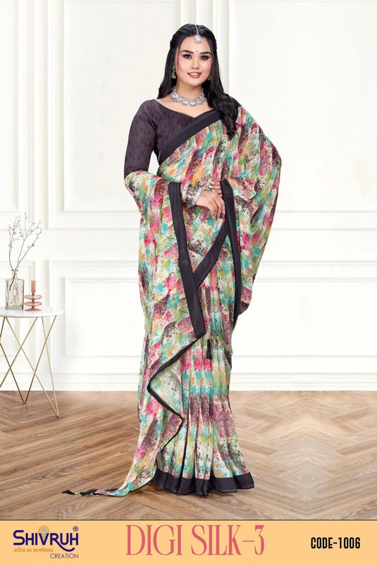 Magnificent Multicolor Digital Print Piping Border Weightless (Wetless) Saree For Women