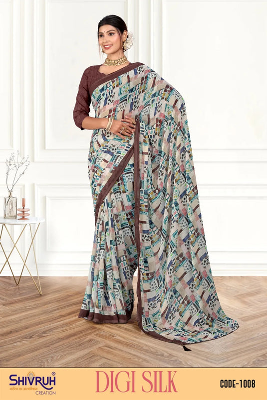 Lovely Multicolor Digital Print Piping Border Weightless (Wetless) Saree For Women