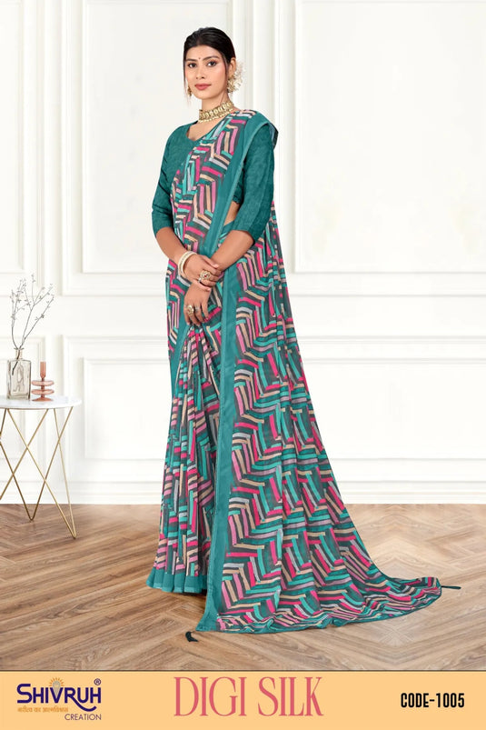 Elegant Multicolor Digital Print Piping Border Weightless (Wetless) Saree For Women