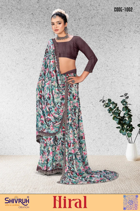 Beautiful Women's Multicolor Chiffon Digital Print handwork border Jarkan Saree