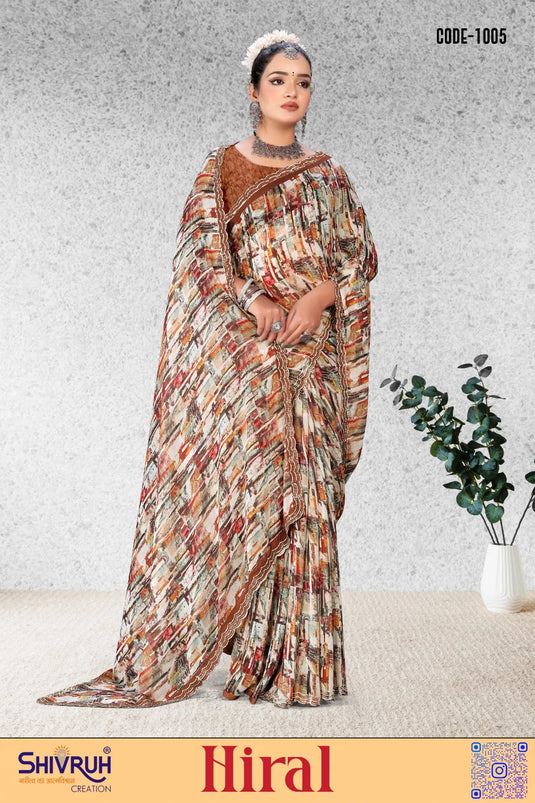 Pleasing Women's Multicolor Chiffon Digital Print handwork border Jarkan Saree