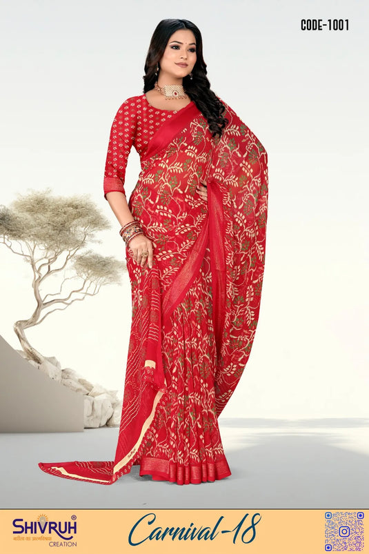 Motif Print Zari Satin Border Georgette Saree with Blouse For Women