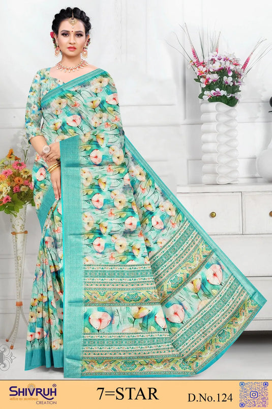Multicolor Cotton Digital Print Jacquard Border Saree For Women
