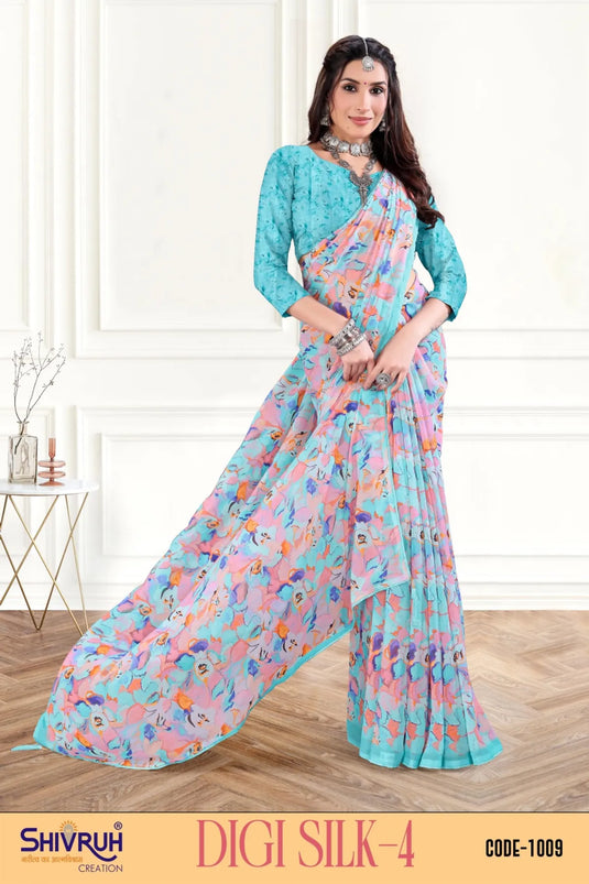 Graceful Multicolor Digital Print Piping Border Weightless (Wetless) Saree For Women