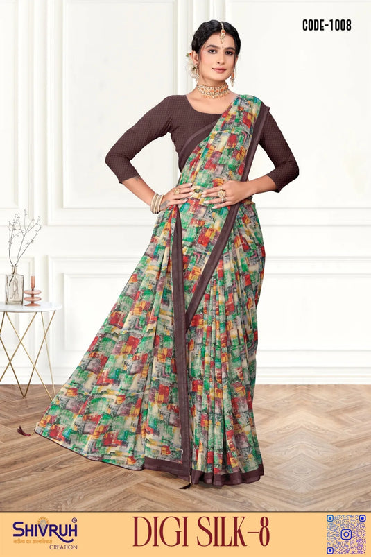 Nice Multicolor Digital Print Piping Border Weightless (Wetless) Saree For Women