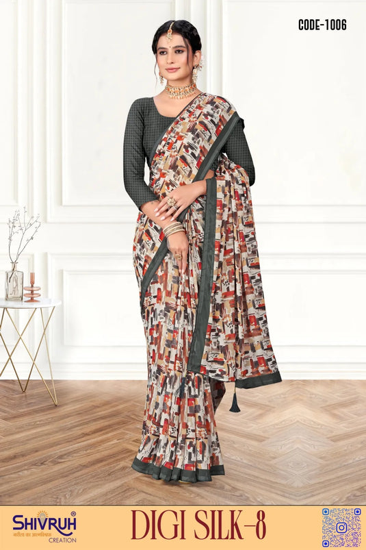 Decorative Multicolor Digital Print Piping Border Weightless (Wetless) Saree For Women