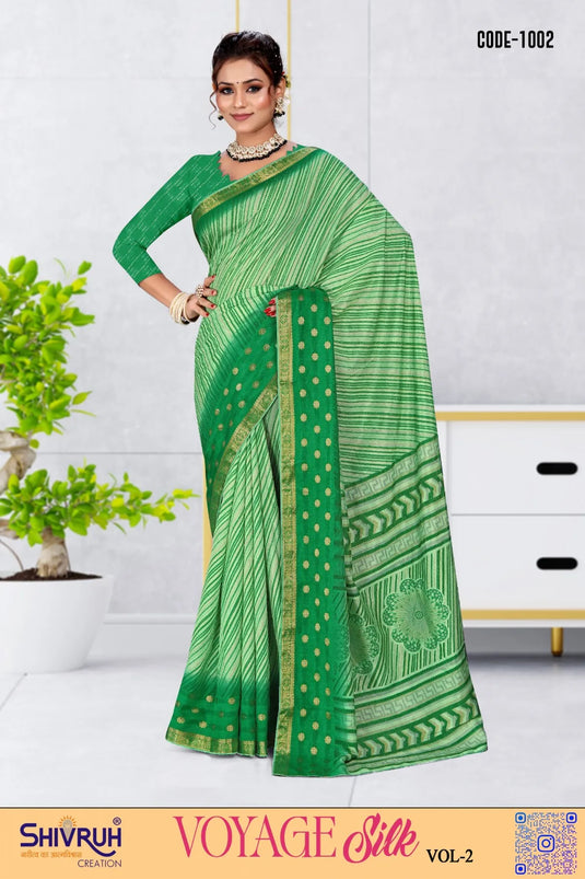 Traditional women saree in green with gold piping