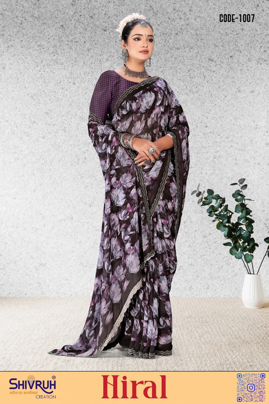 Lovely Women's Multicolor Chiffon Digital Print handwork border Jarkan Saree