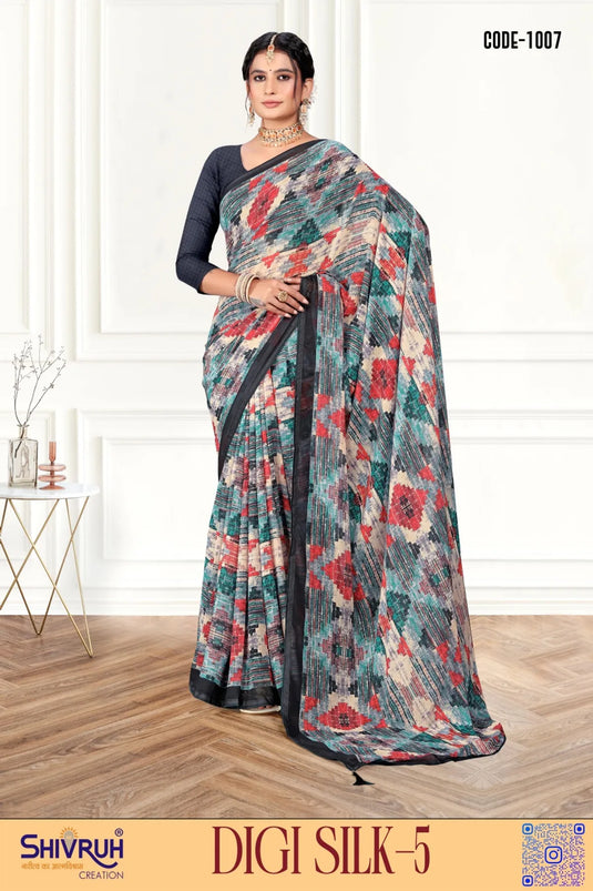 Ravishing Multicolor Digital Print Piping Border Weightless (Wetless) Saree For Women