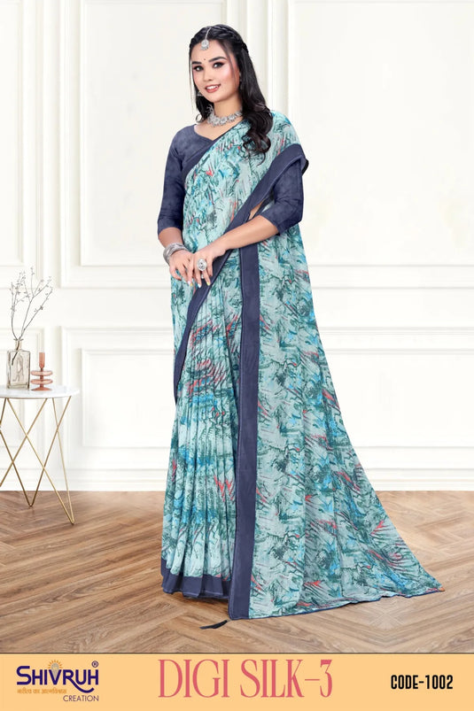 Glamorous Multicolor Digital Print Piping Border Weightless (Wetless) Saree For Women