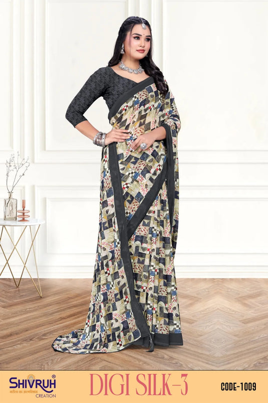 Sweet Multicolor Digital Print Piping Border Weightless (Wetless) Saree For Women