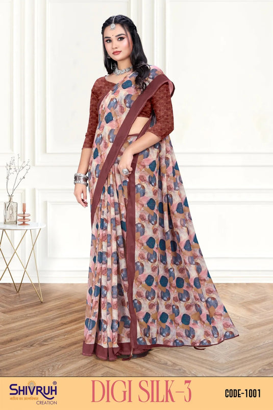 Arresting Multicolor Digital Print Piping Border Weightless (Wetless) Saree For Women