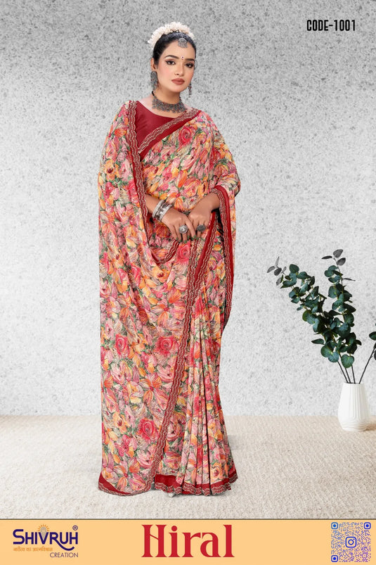 Pretty Women's Multicolor Chiffon Digital Print handwork border Jarkan Saree