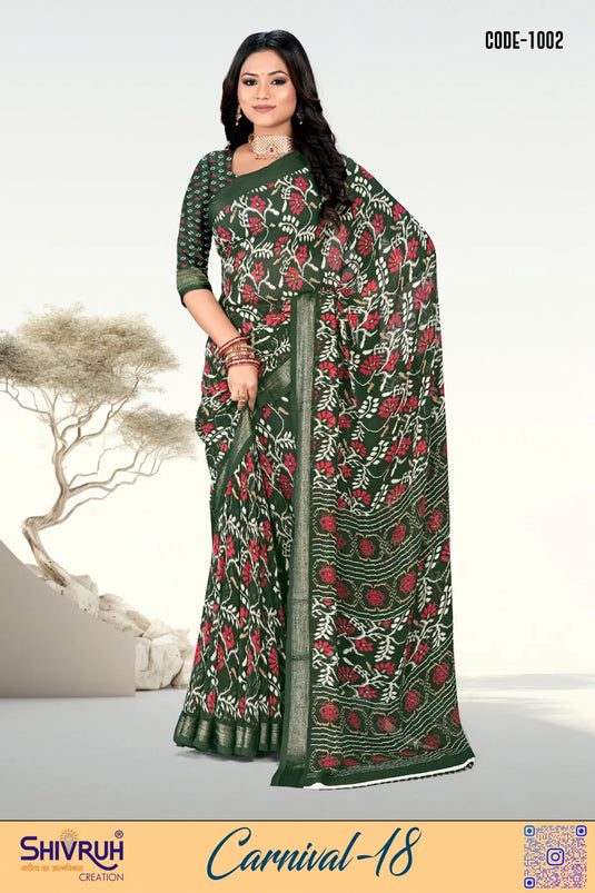 Motif Print Zari Satin Border Georgette Saree with Blouse For Women