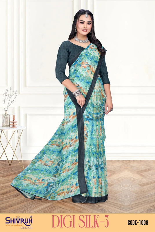 Cute Multicolor Digital Print Piping Border Weightless (Wetless) Saree For Women