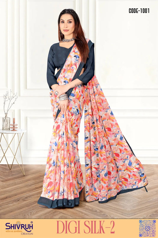 Charming Multicolor Digital Print Piping Border Weightless (Wetless) Saree For Women