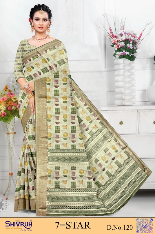 Multicolor Cotton Digital Print Jacquard Border Saree For Women