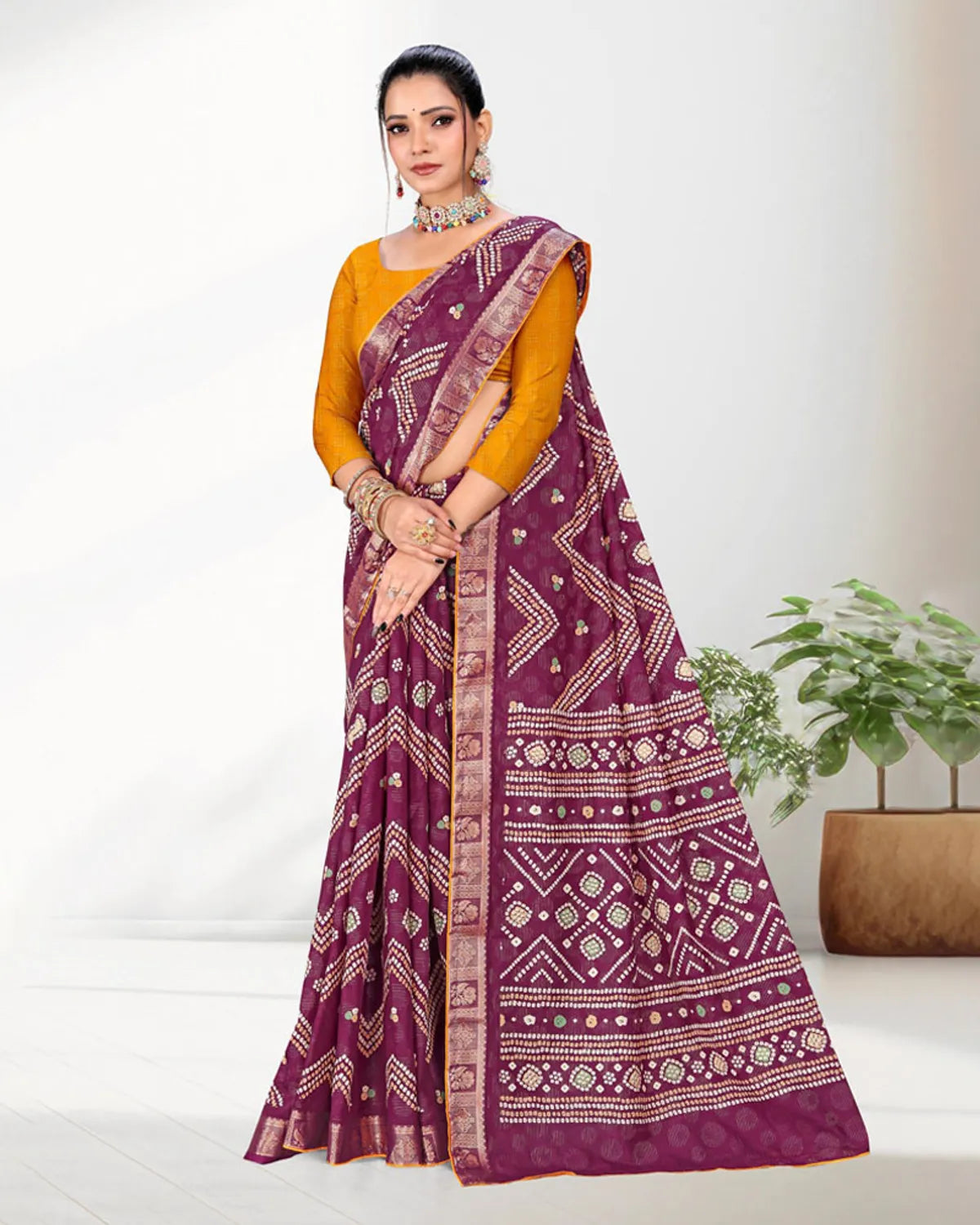 Saree design with zig-zag foil print
