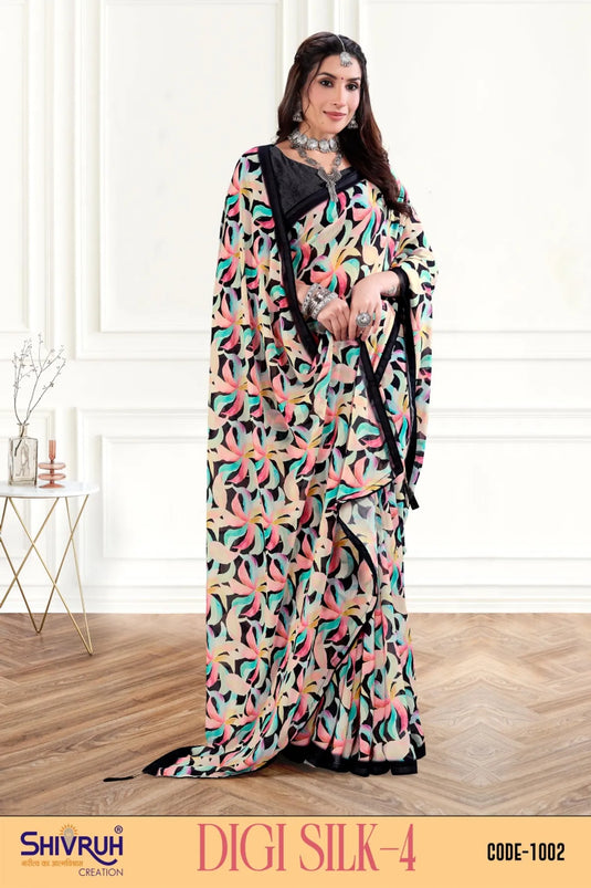 Divine Multicolor Digital Print Piping Border Weightless (Wetless) Saree For Women