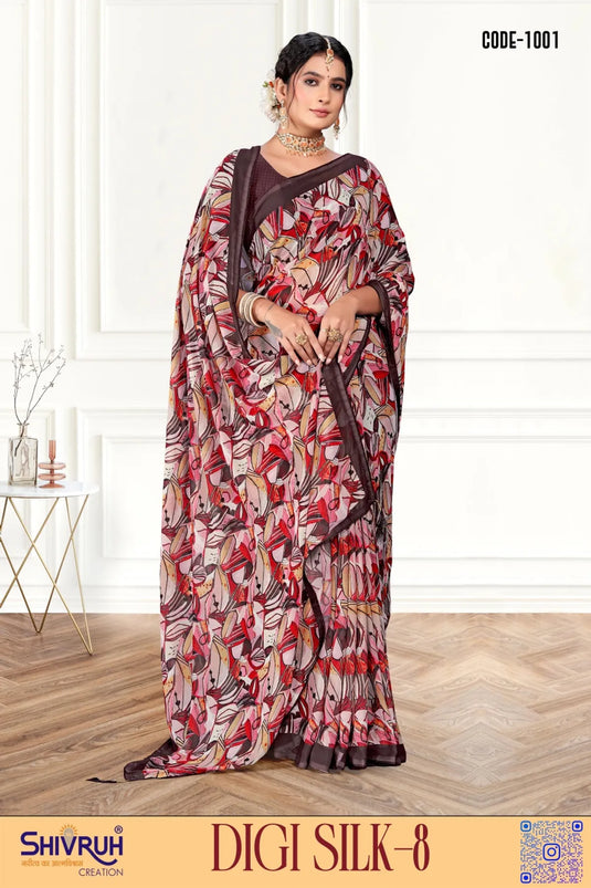 Stunning Multicolor Digital Print Piping Border Weightless (Wetless) Saree For Women