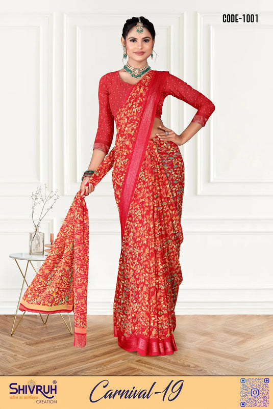 Motif Print Satin Zari Border Georgette Saree with Blouse For Women