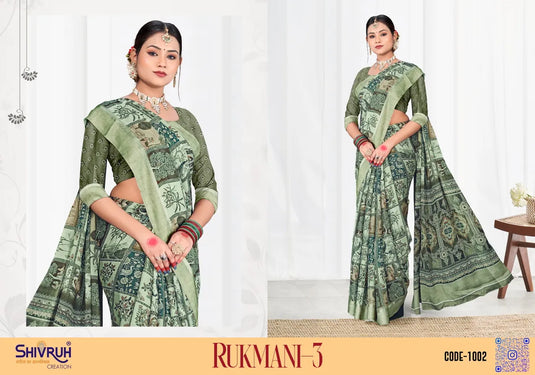 Woven border Moss chiffon Print Saree with Blouse For Women