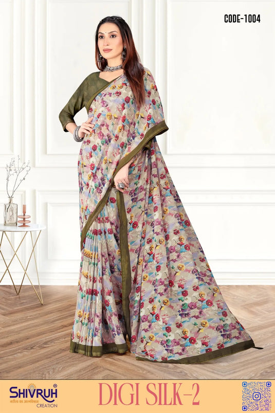 Engaging Multicolor Digital Print Piping Border Weightless (Wetless) Saree For Women