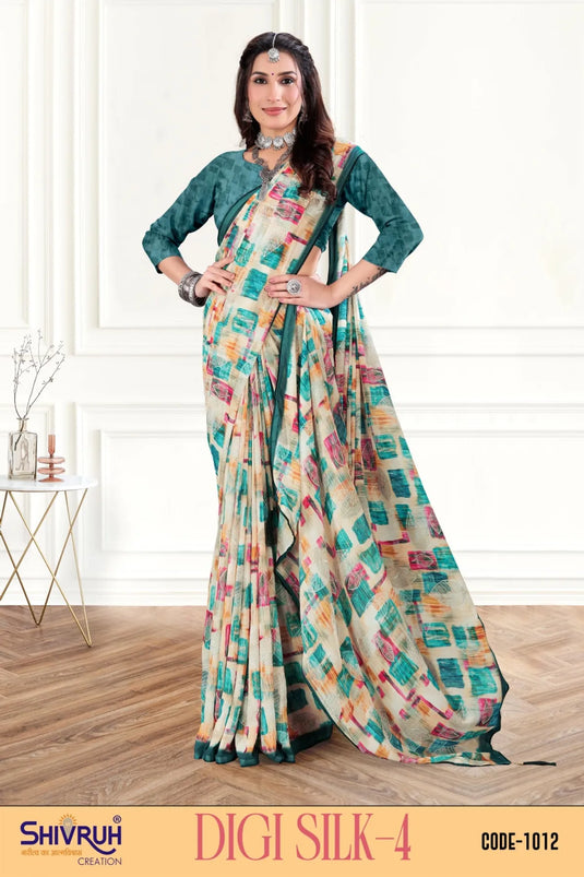 Alluring Multicolor Digital Print Piping Border Weightless (Wetless) Saree For Women