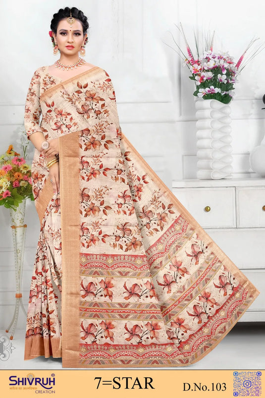 Multicolor Cotton Digital Print Jacquard Border Saree For Women