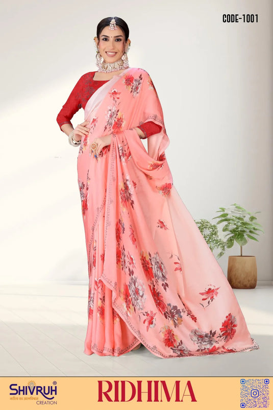 Sweet Satin Floral print Fancy siroski (Swarovski) Saree