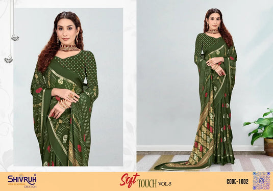 Sweet Moss Chiffon Nature print Bandhani Saree