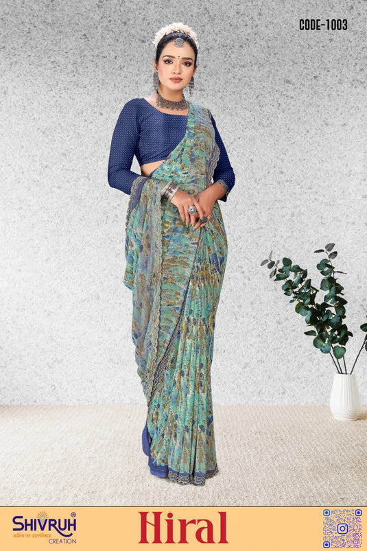 Graceful Women's Multicolor Chiffon Digital Print handwork border Jarkan Saree