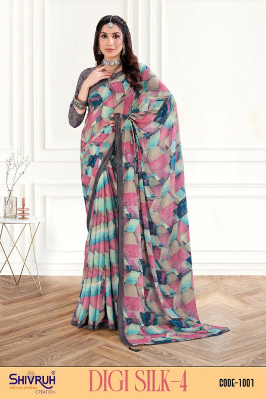 Bouncing Multicolor Digital Print Piping Border Weightless (Wetless) Saree For Women